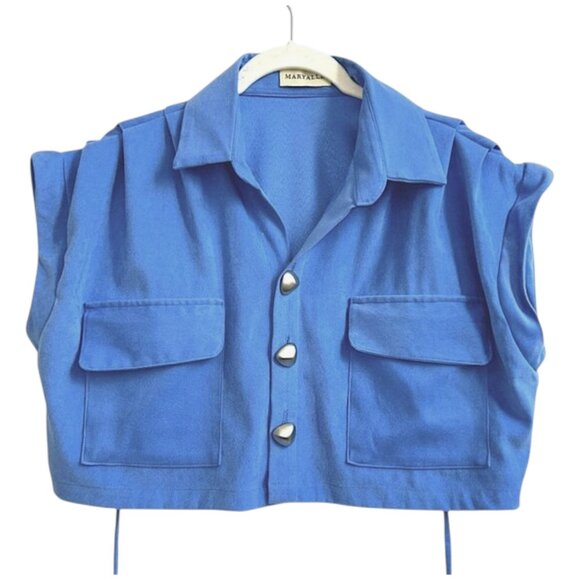 Maryallé Houdini Top Indigo Sky Blue Cotton Suede Free Size Button Crop XS-M - Picture 3 of 11